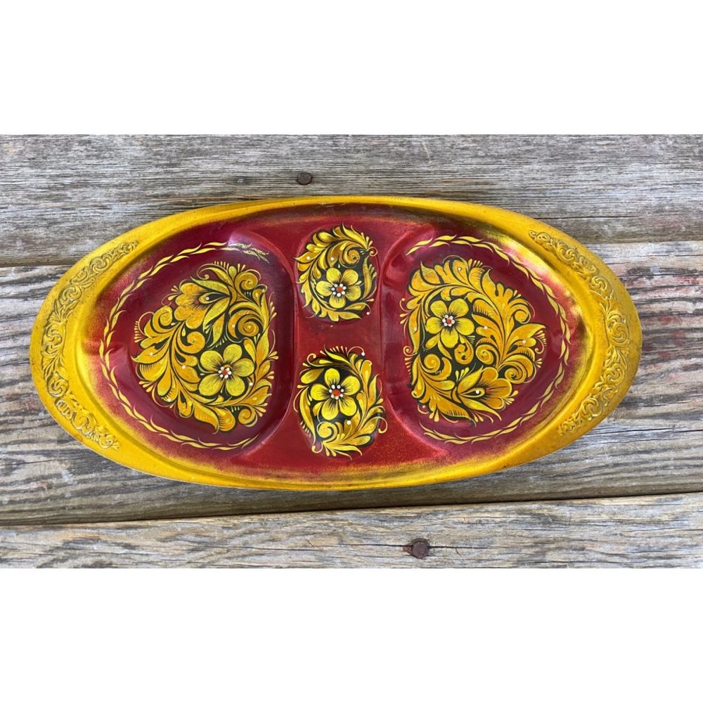 Vintage small Toleware Floral Tidbit relish tray Red Gold